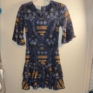 Navy and Mustard Patterned Lace Mini Dress
